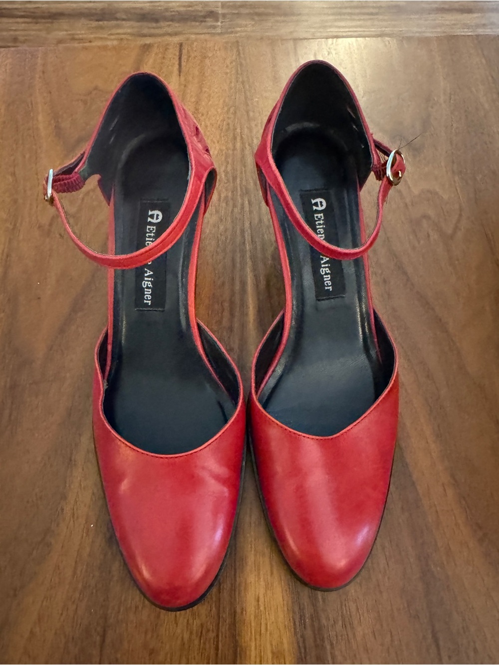 Etienne Aigner Red Leather Mary Jane Ankle-Strap Pumps with Gold Buckles 7.5
